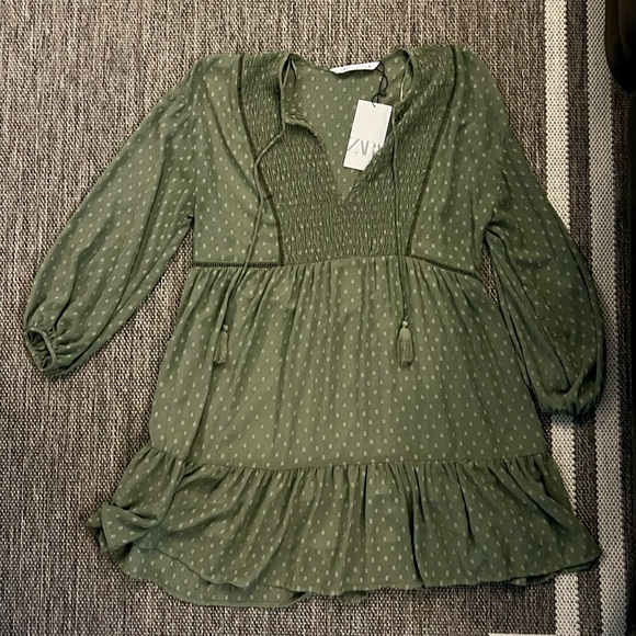 ZARA Summer Boho Dotted Mesh Mini Olive Dress BRAND NEW WITH TAG, SIZE L - Picture 1 of 4